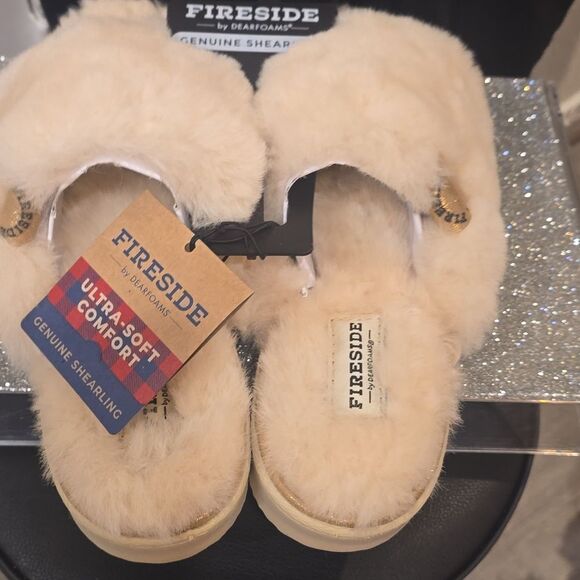 Fireside By Dearfoams Cairns Genuine Shearling Slide Slipper-Metallic Suede Trim - Picture 11 of 11